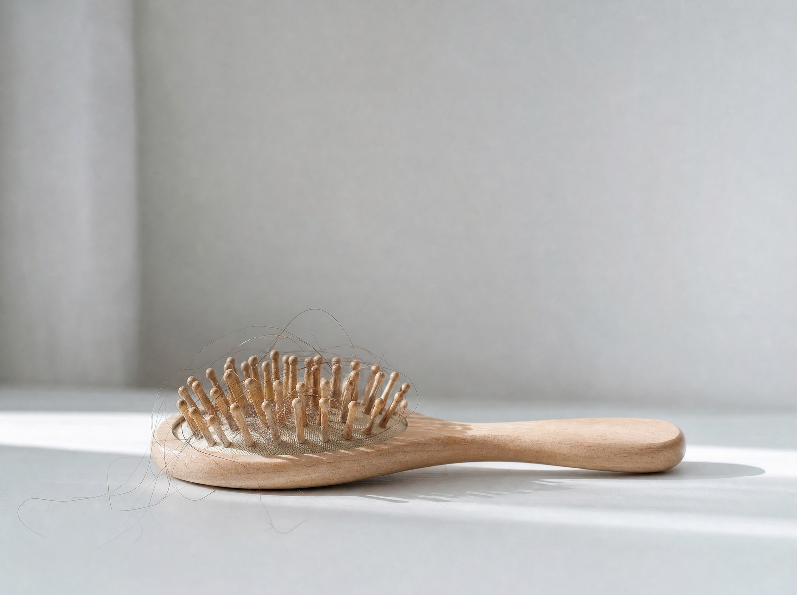 Brosse à cheveux avec quelques cheveux tombés, chute de cheveux saisonnière