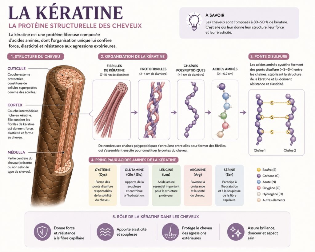 Infographie sur la kératine, la protéine qui compose le cheveu