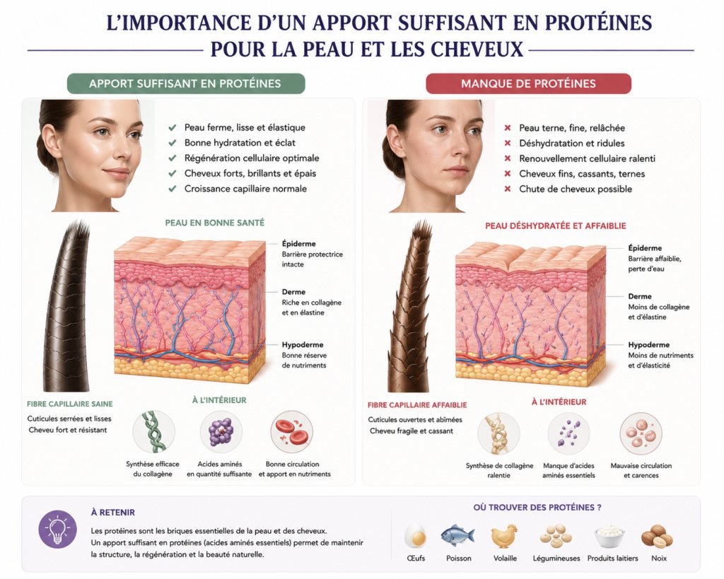 Infographie : l’importance d’un apport suffisant en protéines pour la peau et les cheveux