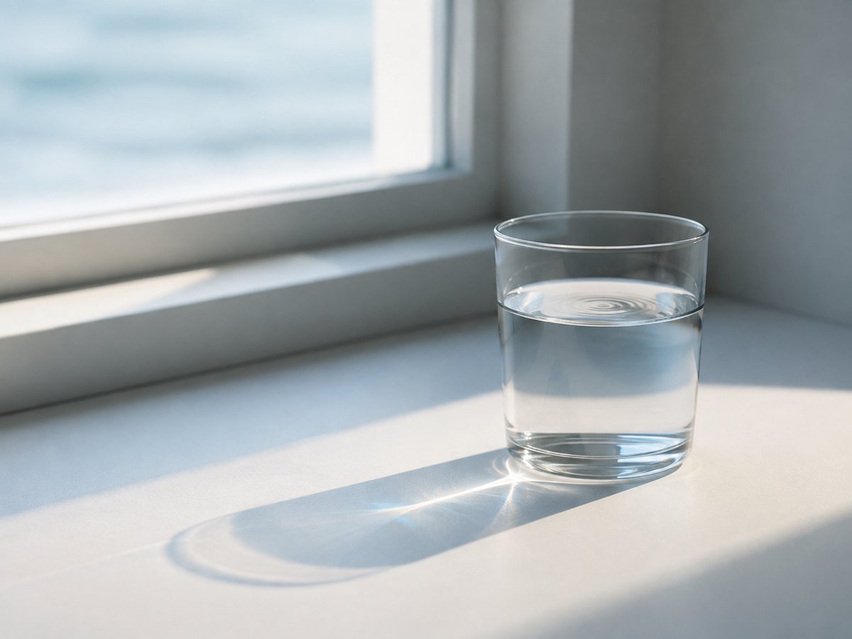 Verre d’eau sur un rebord de fenêtre au soleil du matin - mode de vie et peau