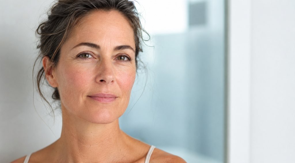 Portrait rapproché d’une femme de 45-50 ans à la peau naturelle et réaliste, éclairée par une lumièr