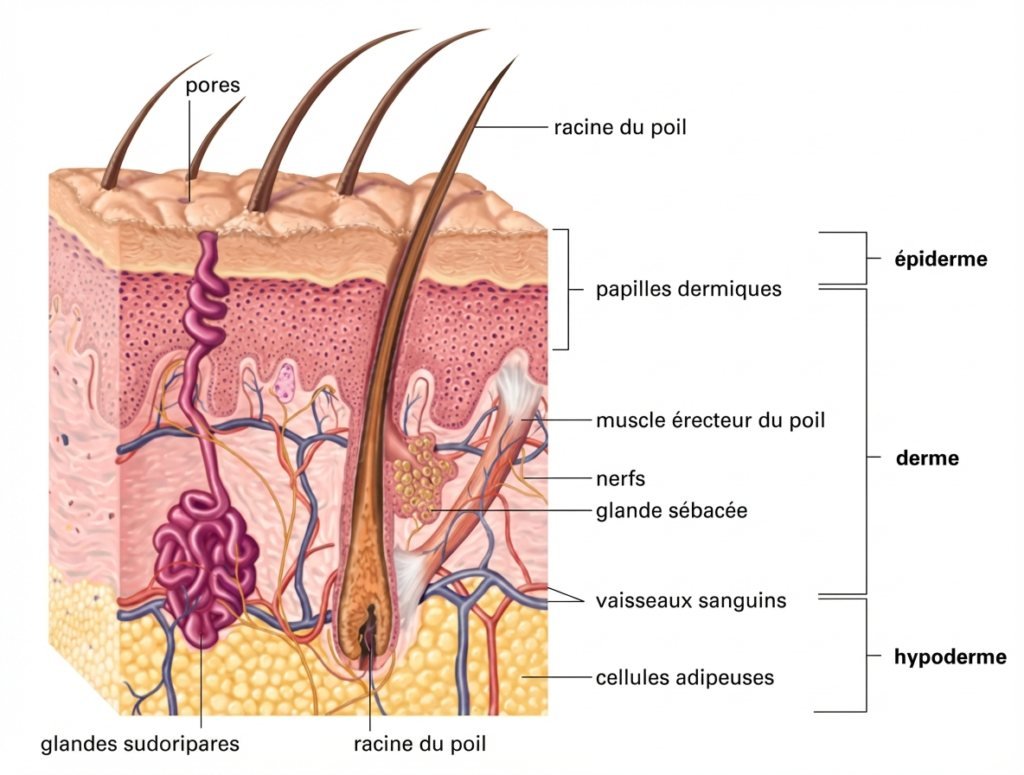 Schéma de la structure de la peau et du follicule pileux