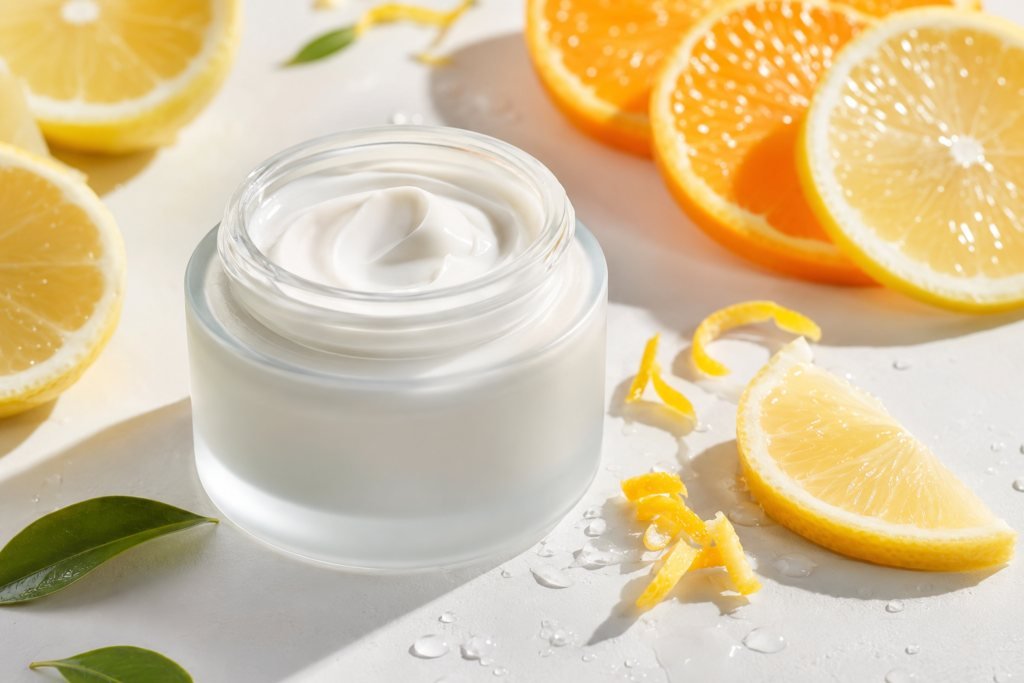 Pot de crème entouré d’agrumes, source de vitamine C antioxydante